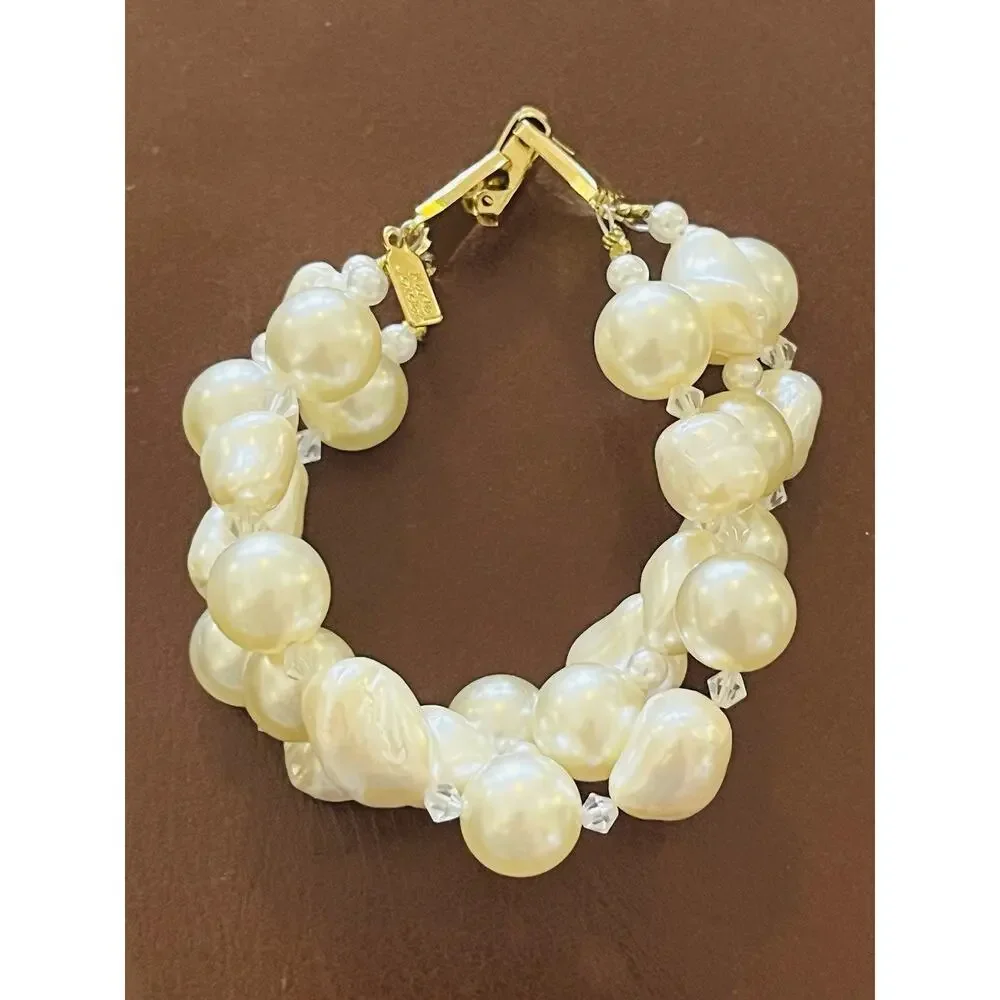 Vintage Karla Jordan Bracelet Beaded Faux Pearl Signed Statement 6.75” Gold Tone